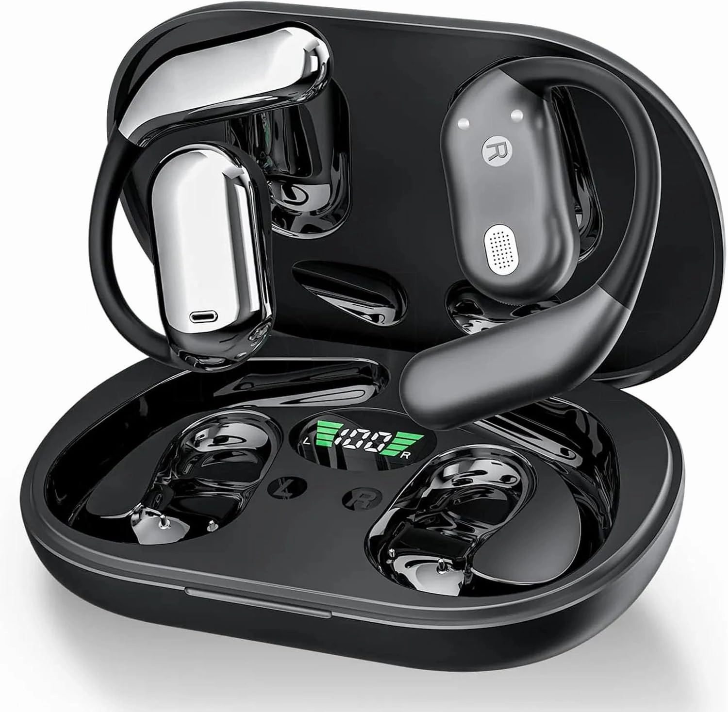 Open Ear Earbuds Bluetooth 5.4 Headphones Over The Ear Earbuds Ergonomic Design Earhooks LED Display Charging Case Sport IPX7 Waterproof Over Earphones for Running Fitness (Black)