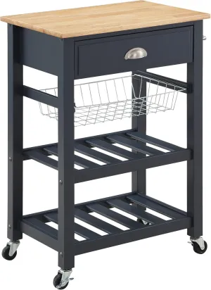 OSP Home Furnishings Hampton Kitchen Cart with Wood Top, Utensil Drawer, Under Cabinet Basket, and 2 Slatted Shelves, Blue Stone Base