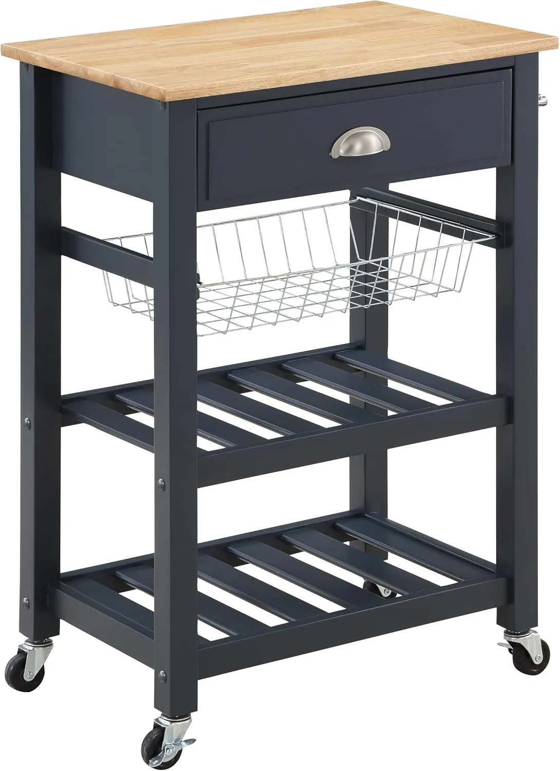 OSP Home Furnishings Hampton Kitchen Cart with Wood Top, Utensil Drawer, Under Cabinet Basket, and 2 Slatted Shelves, Blue Stone Base