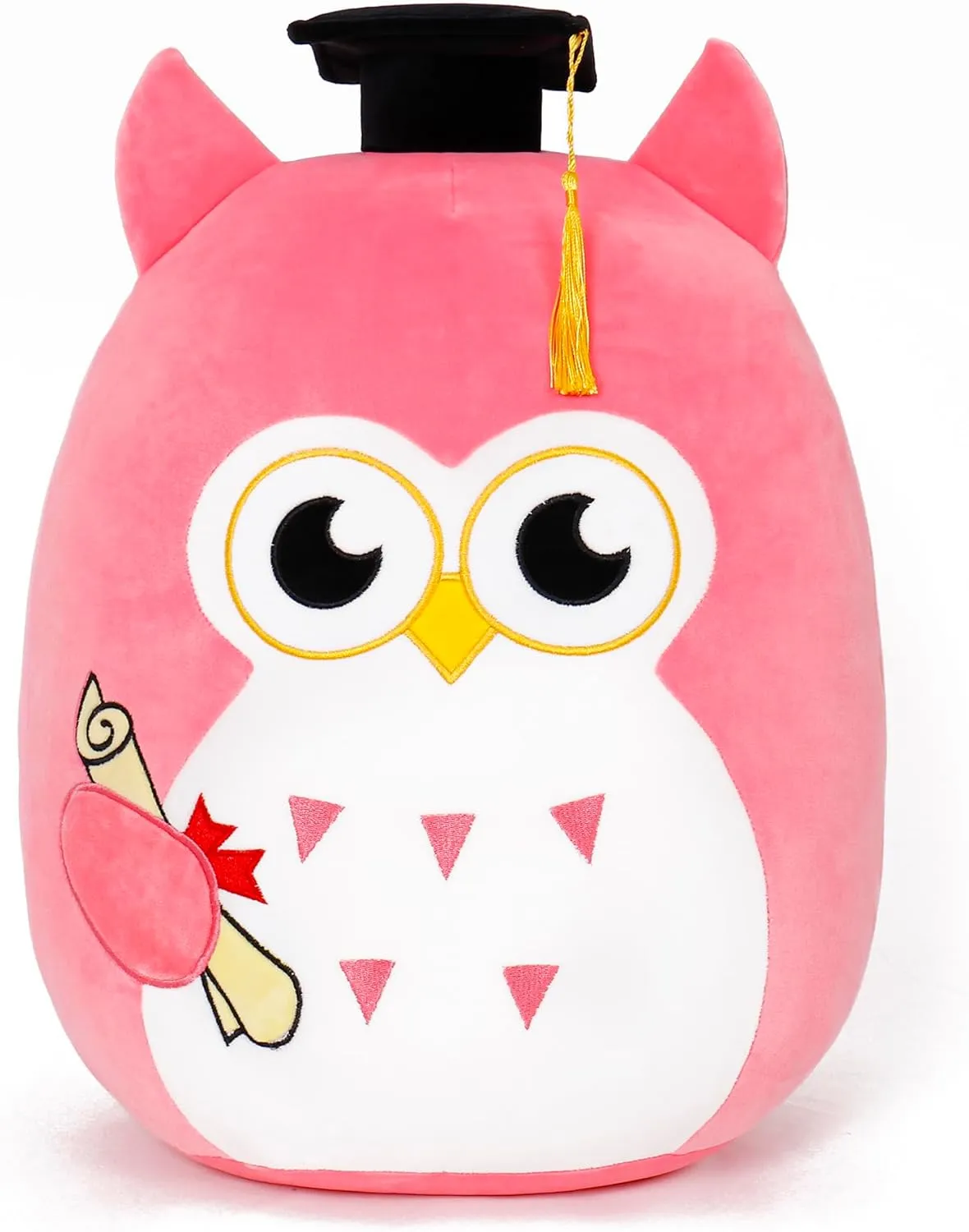 Our Honor Plush Soft Owl Stuffed Animal with Pink Body and Ears, Black Graduation Cap, Fringe and Diploma, Cute Pillow Toy Graduation Gift for Her, Kids