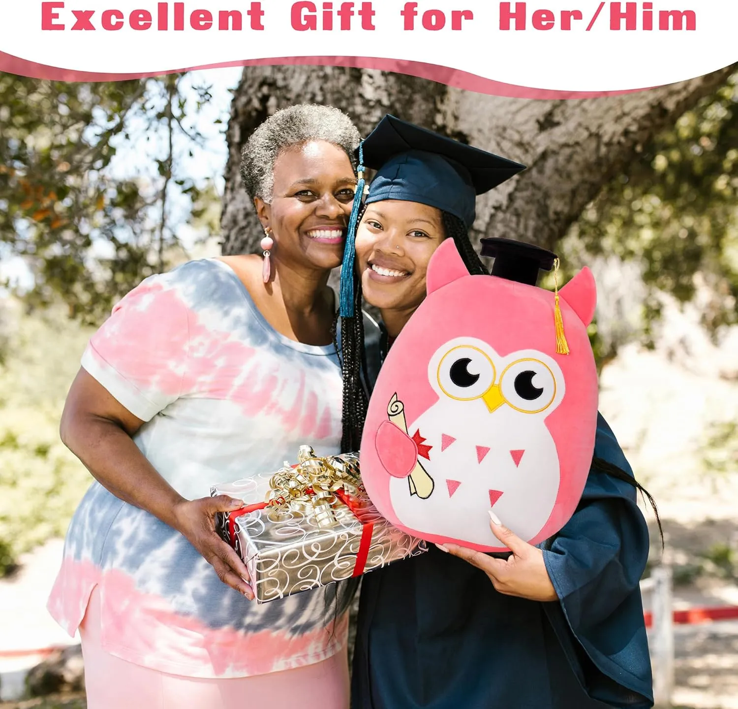 Our Honor Plush Soft Owl Stuffed Animal with Pink Body and Ears, Black Graduation Cap, Fringe and Diploma, Cute Pillow Toy Graduation Gift for Her, Kids