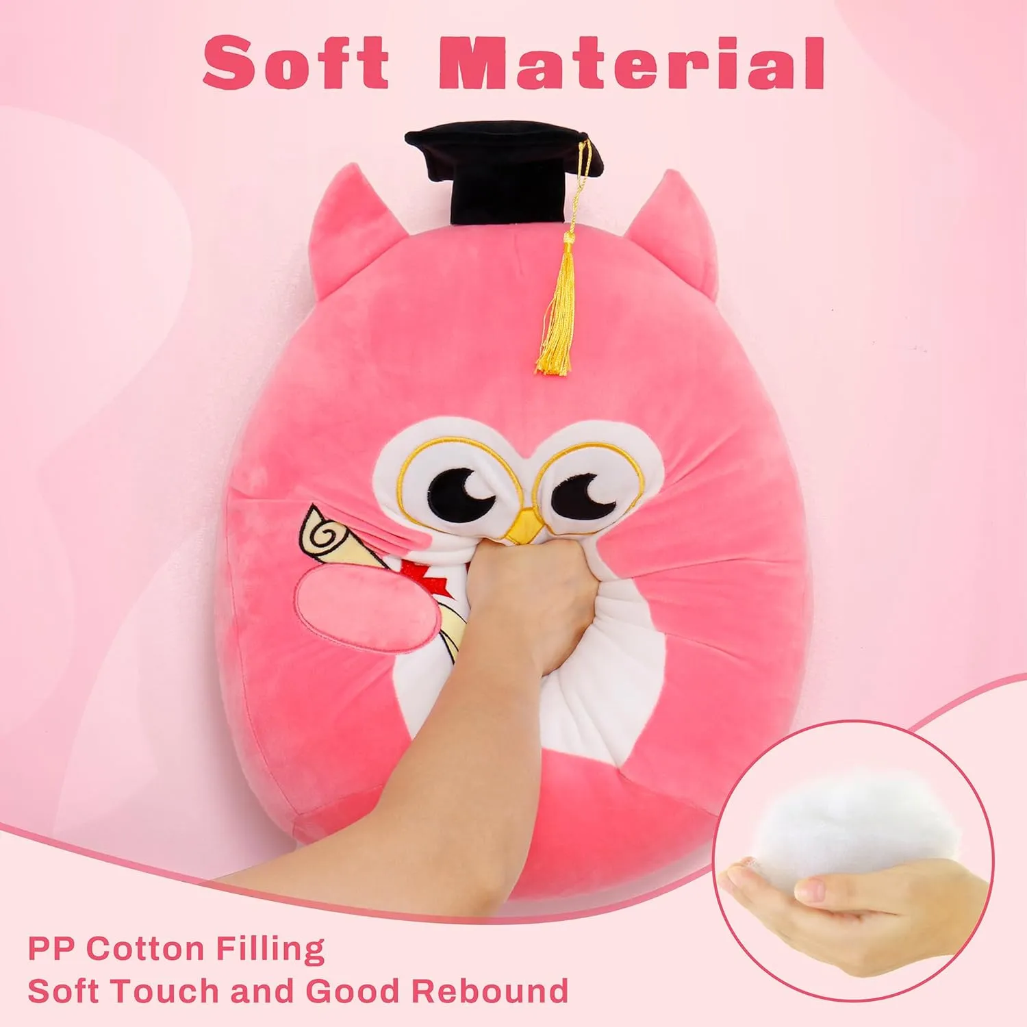 Our Honor Plush Soft Owl Stuffed Animal with Pink Body and Ears, Black Graduation Cap, Fringe and Diploma, Cute Pillow Toy Graduation Gift for Her, Kids
