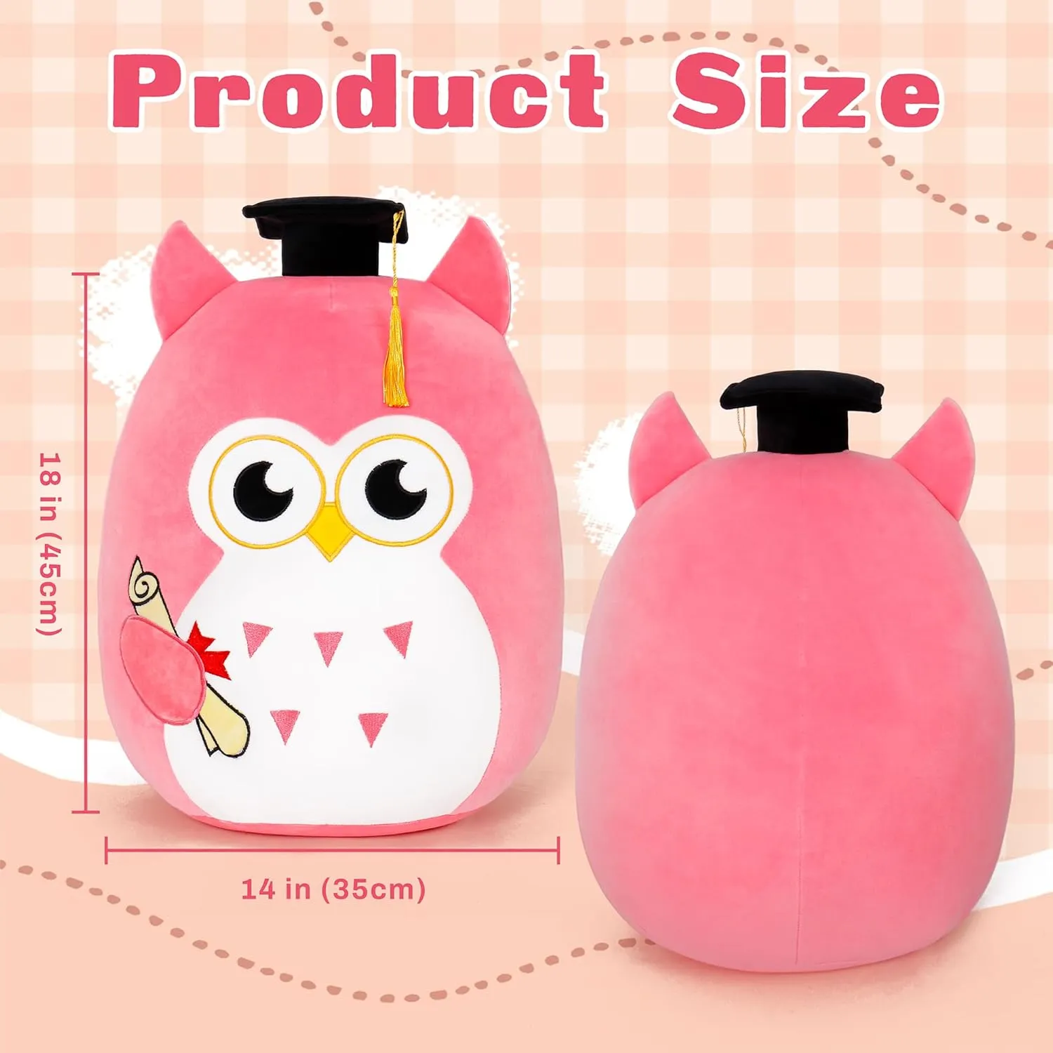 Our Honor Plush Soft Owl Stuffed Animal with Pink Body and Ears, Black Graduation Cap, Fringe and Diploma, Cute Pillow Toy Graduation Gift for Her, Kids