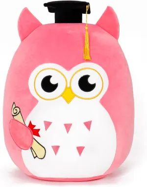 Our Honor Plush Soft Owl Stuffed Animal with Pink Body and Ears, Black Graduation Cap, Fringe and Diploma, Cute Pillow Toy Graduation Gift for Her, Kids