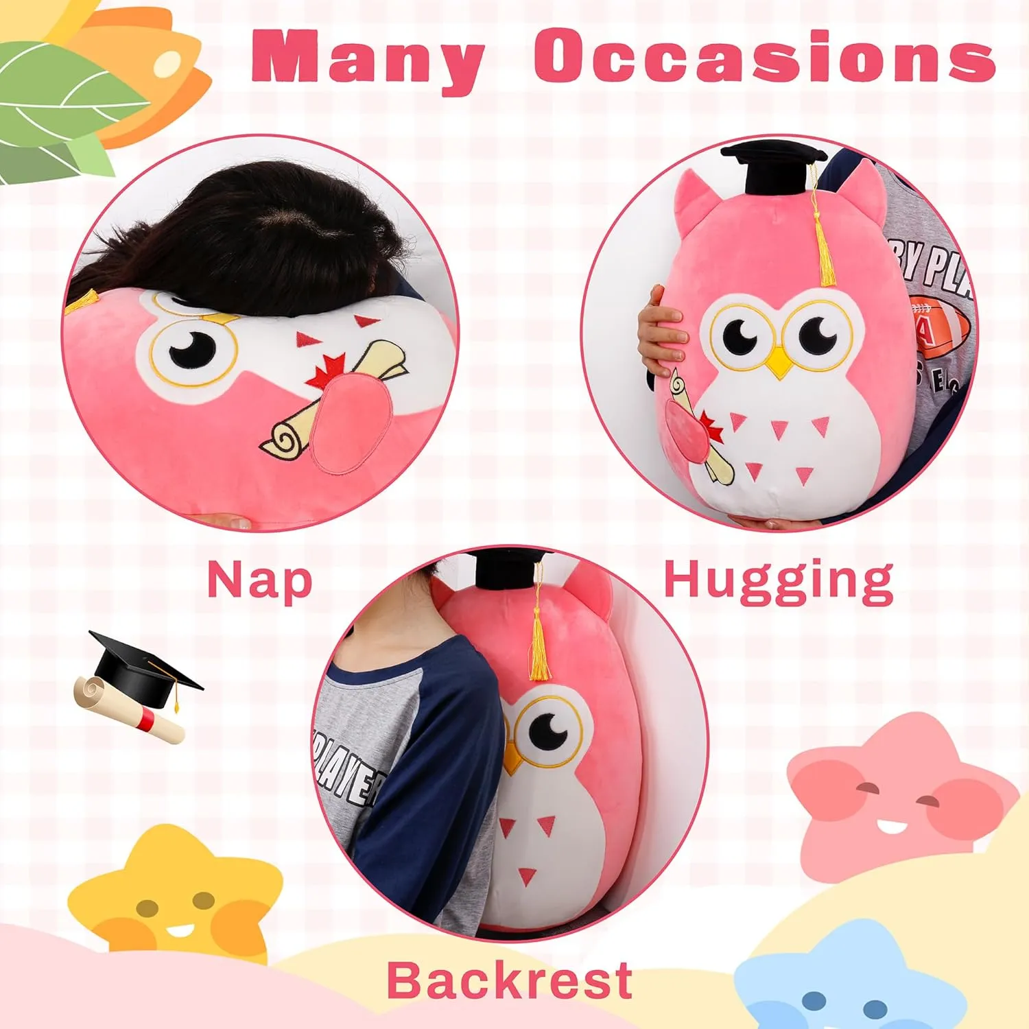 Our Honor Plush Soft Owl Stuffed Animal with Pink Body and Ears, Black Graduation Cap, Fringe and Diploma, Cute Pillow Toy Graduation Gift for Her, Kids