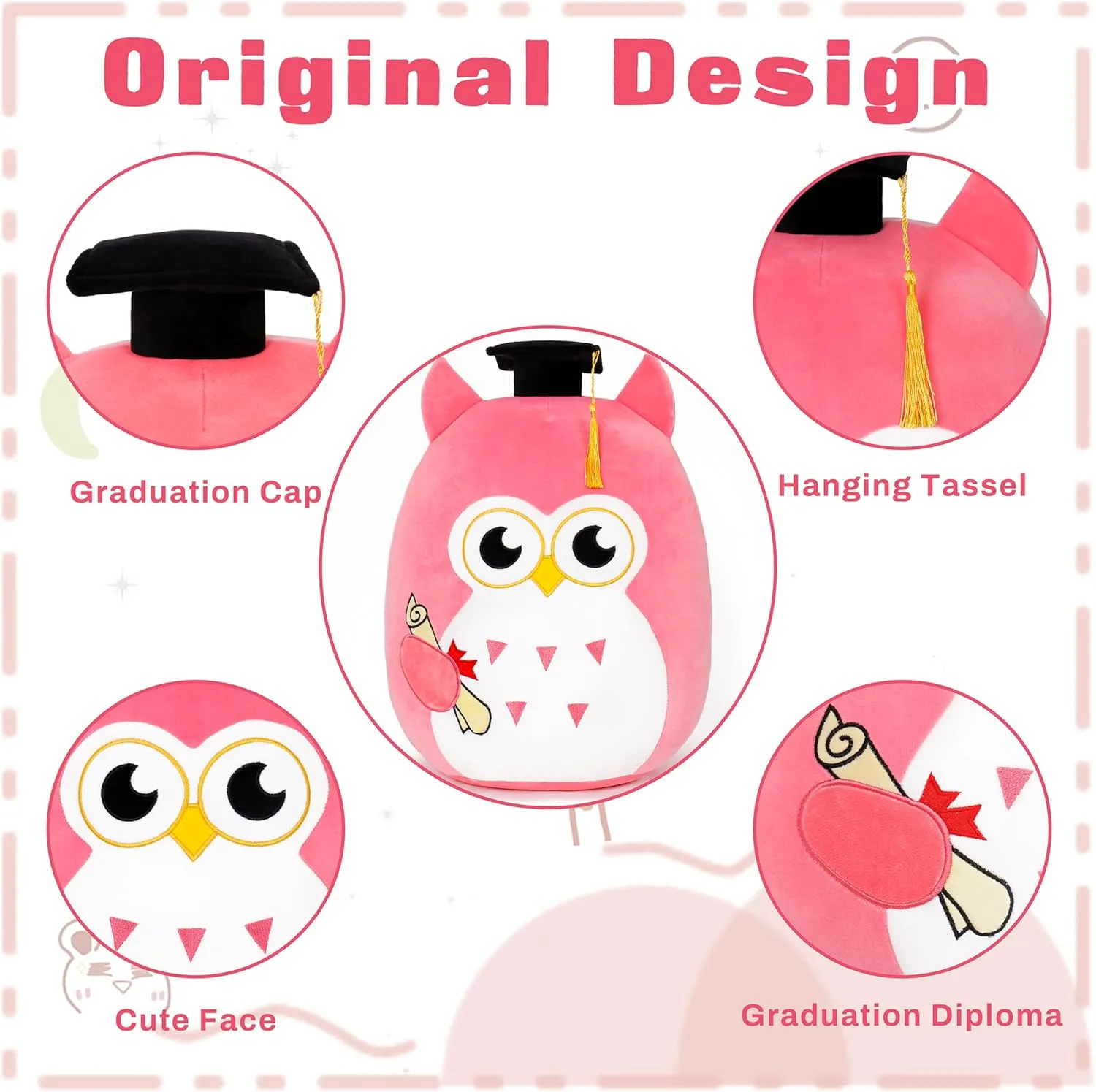 Our Honor Plush Soft Owl Stuffed Animal with Pink Body and Ears, Black Graduation Cap, Fringe and Diploma, Cute Pillow Toy Graduation Gift for Her, Kids