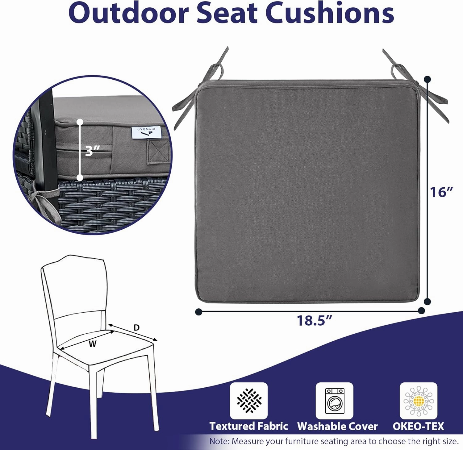 Outdoor Chair Cushions Set of 4,Waterproof Outdoor Seat Cushions for Patio Furniture,Patio Chair Cushion with Handle and Ties, Square Out Door Chair Pads,18.5" x 16" x 3", Darkgrey