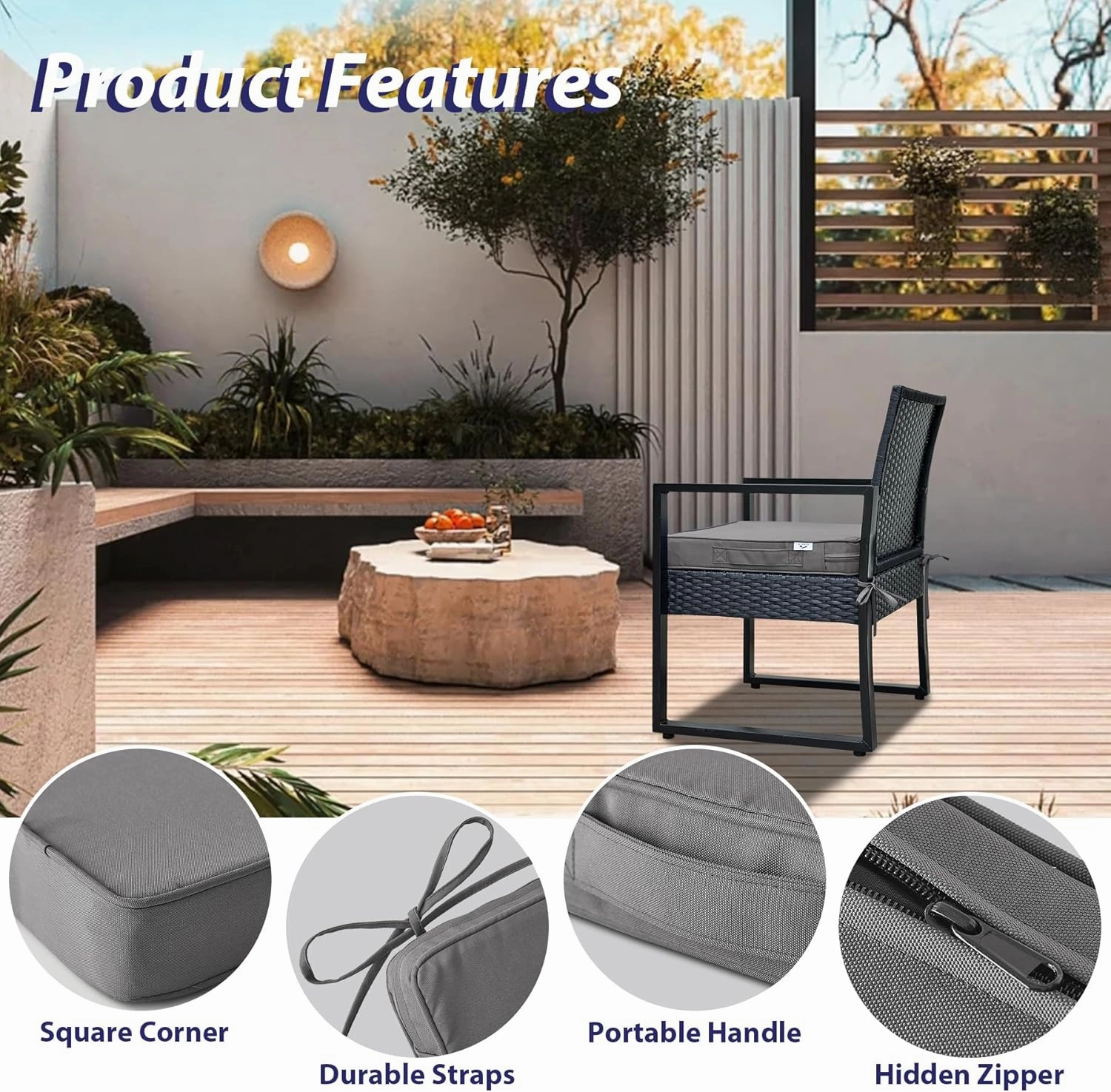 Outdoor Chair Cushions Set of 4,Waterproof Outdoor Seat Cushions for Patio Furniture,Patio Chair Cushion with Handle and Ties, Square Out Door Chair Pads,18.5" x 16" x 3", Darkgrey