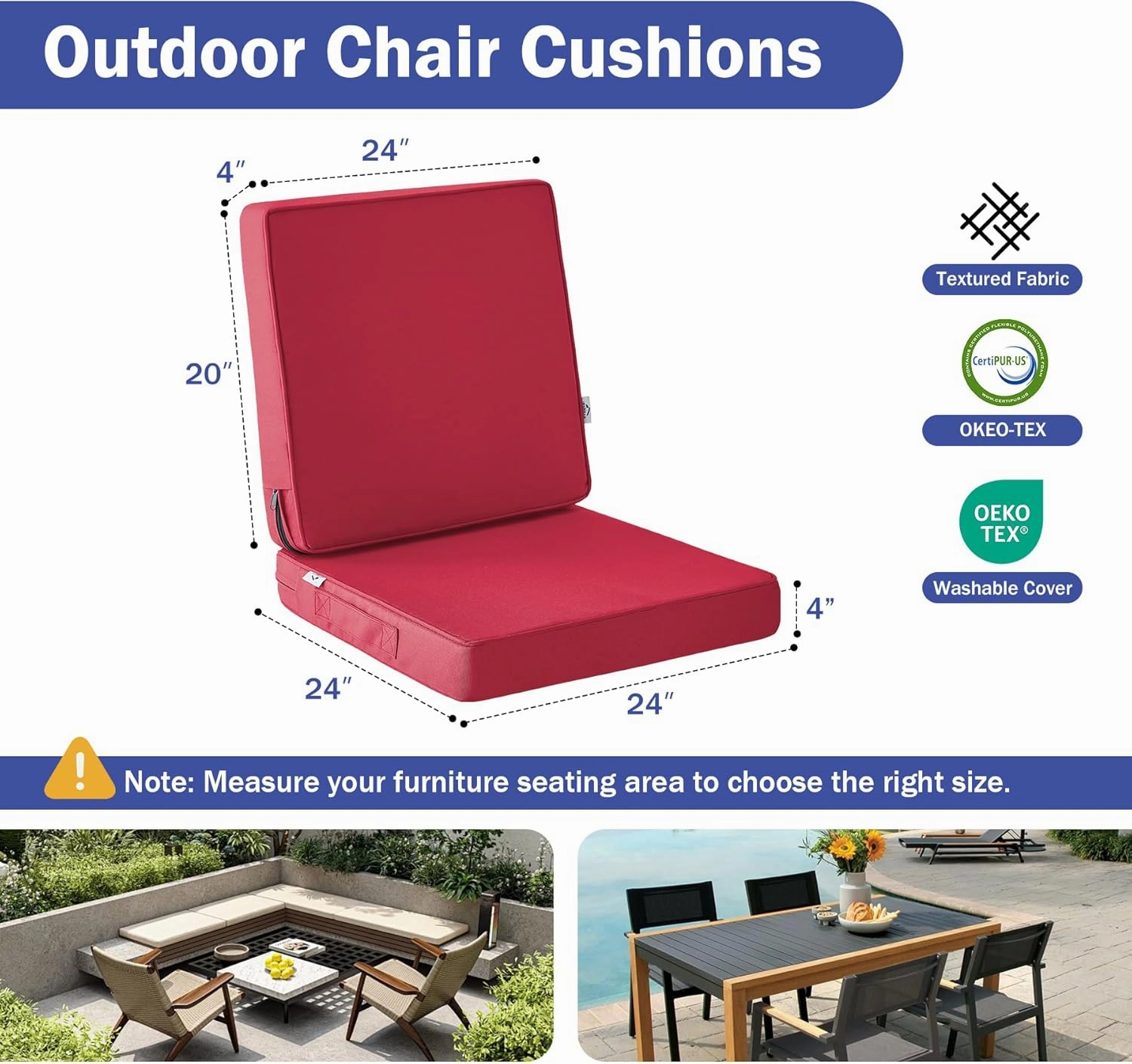 Outdoor Seat Cushion Set 24 x 24 x 4 Inch, Outdoor Cushions for Patio Furniture, Waterproof & Fade Resistant Outdoor Chair Cushions, Deep Seat Cushions with Removable Cover, Burgundy