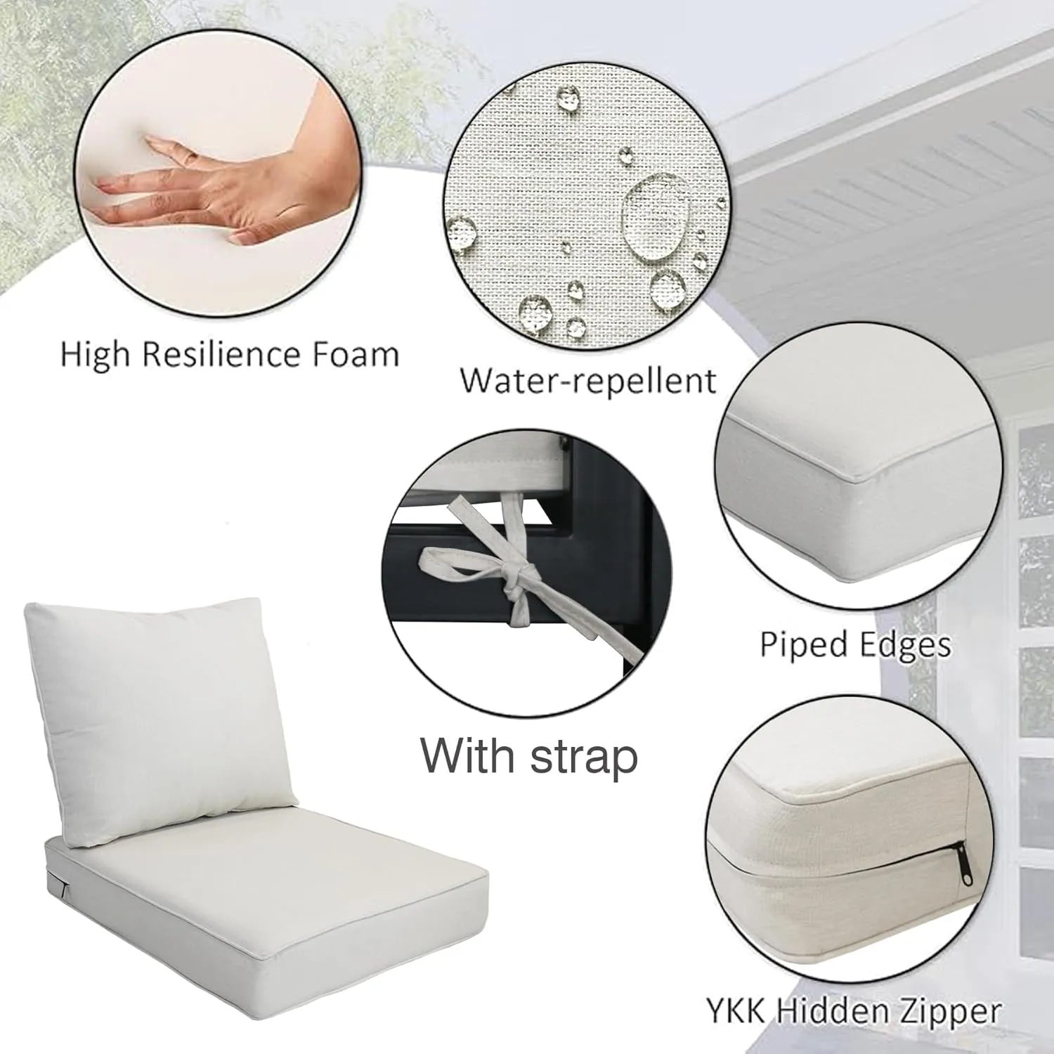 Outdoor/Indoor 23.5x25 inch Deep Seat Patio Cushions Set of 2 Resilient Foam Filling Water Repellent Stain-Resistant UV Resistant Weather Resistant Patio Cushions Almond