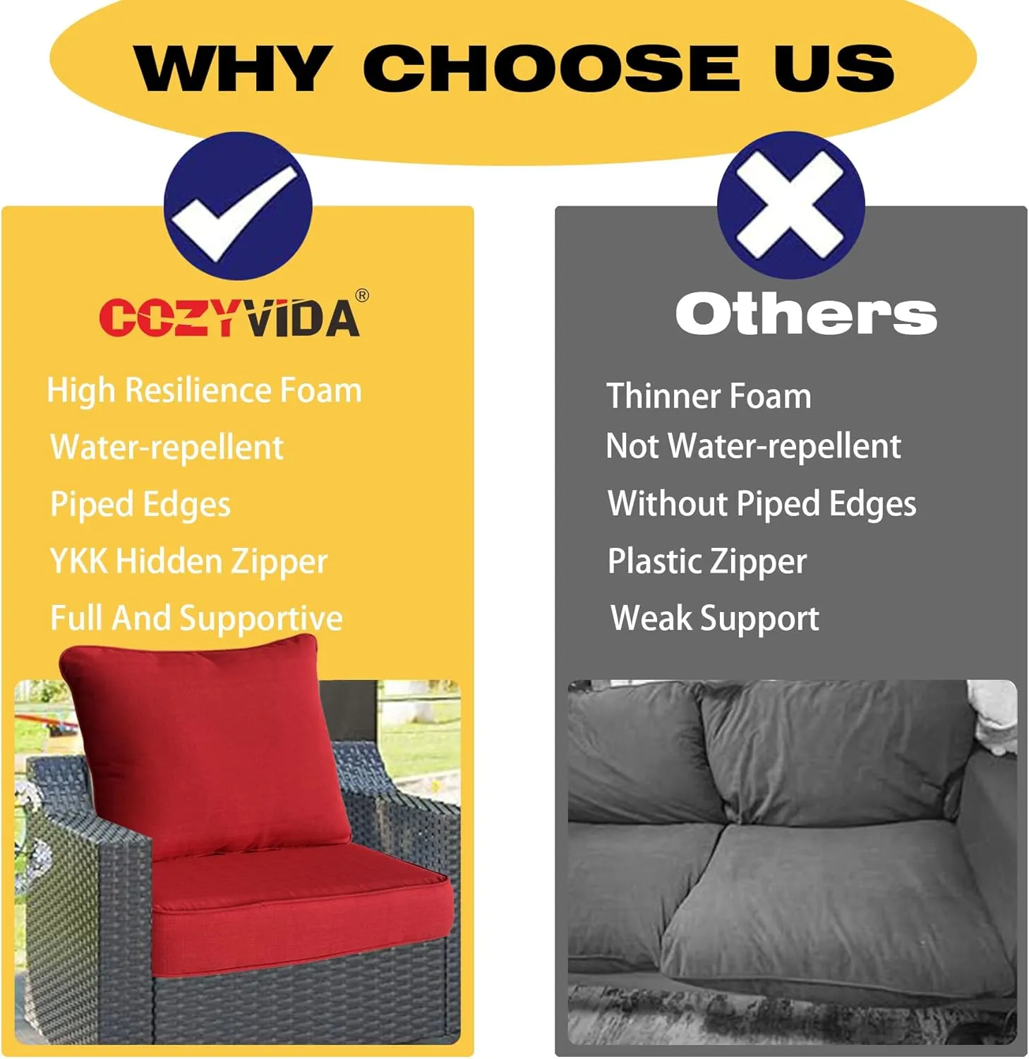 Outdoor/Indoor 24x24 inch Deep Seat Patio Cushions Set of 2 Resilient Foam Filling Water Repellent Stain-Resistant UV Resistant Weather Resistant Patio Cushions Chili