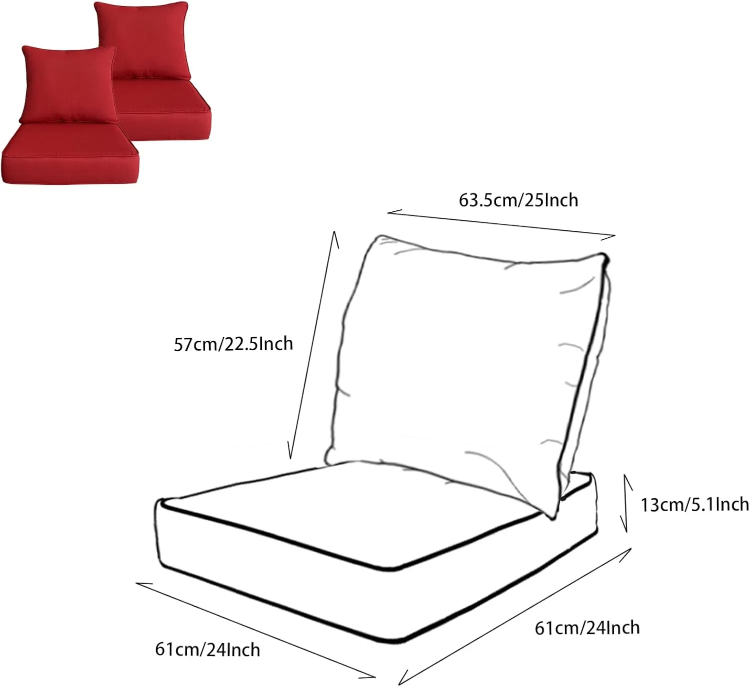 Outdoor/Indoor 24x24 inch Deep Seat Patio Cushions Set of 2 Resilient Foam Filling Water Repellent Stain-Resistant UV Resistant Weather Resistant Patio Cushions Chili