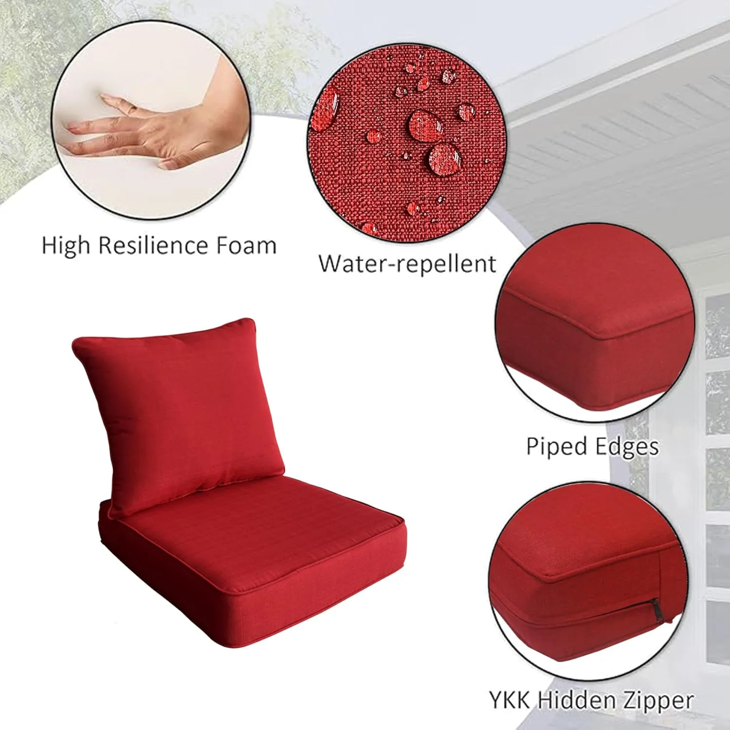 Outdoor/Indoor 24x24 inch Deep Seat Patio Cushions Set of 2 Resilient Foam Filling Water Repellent Stain-Resistant UV Resistant Weather Resistant Patio Cushions Chili