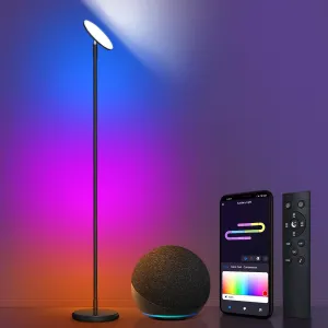 OUTON Smart Floor Lamp, 30W/3000LM Bright LED RGB Torchiere Floor Lamp, Works with Alexa Google Home, 16 Million DIY Colors, Music Sync, Standing lamp for Living Room, Bedroom, Gaming Room (Black)