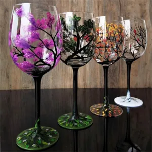 Pack of 4 Four Seasons Tree Wine Glasses Hand Painted Wine Glass with Stemmed Fall Leaves Flower Seasons Colored Wine Glasses for Home Office Decor Ornament Gifts