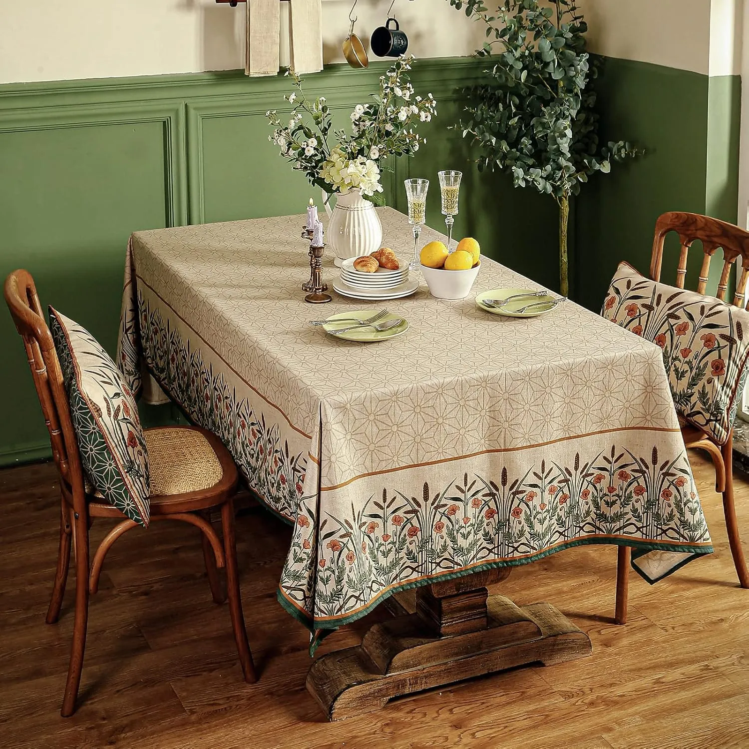 patdrea Floral Linen Table Cloth Durable Breathable Tabletop Cover Decorative Kitchen Dining Tablecloth for Rectangular Square Tables for Parties,Holiday,Christmas,55"*87"