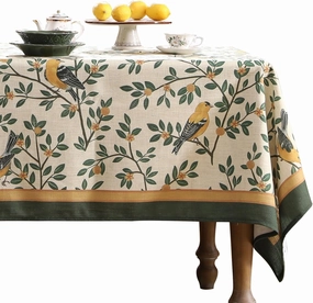 patdrea Designer French Table Cloth Rectangle Table,Green Spring Summer Linen Tablecloth,Yellow Birds and Green Leaves Pattern Tablecloths,Decor Kitchen Dining Christmas Banquet 55"x 71"