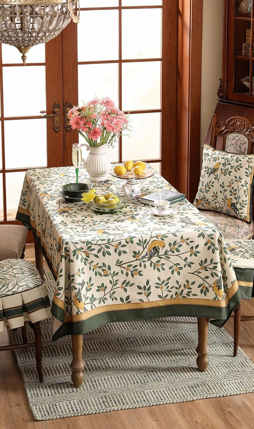 patdrea Designer French Table Cloth Rectangle Table,Green Spring Summer Linen Tablecloth,Yellow Birds and Green Leaves Pattern Tablecloths,Decor Kitchen Dining Christmas Banquet 55"x 71"