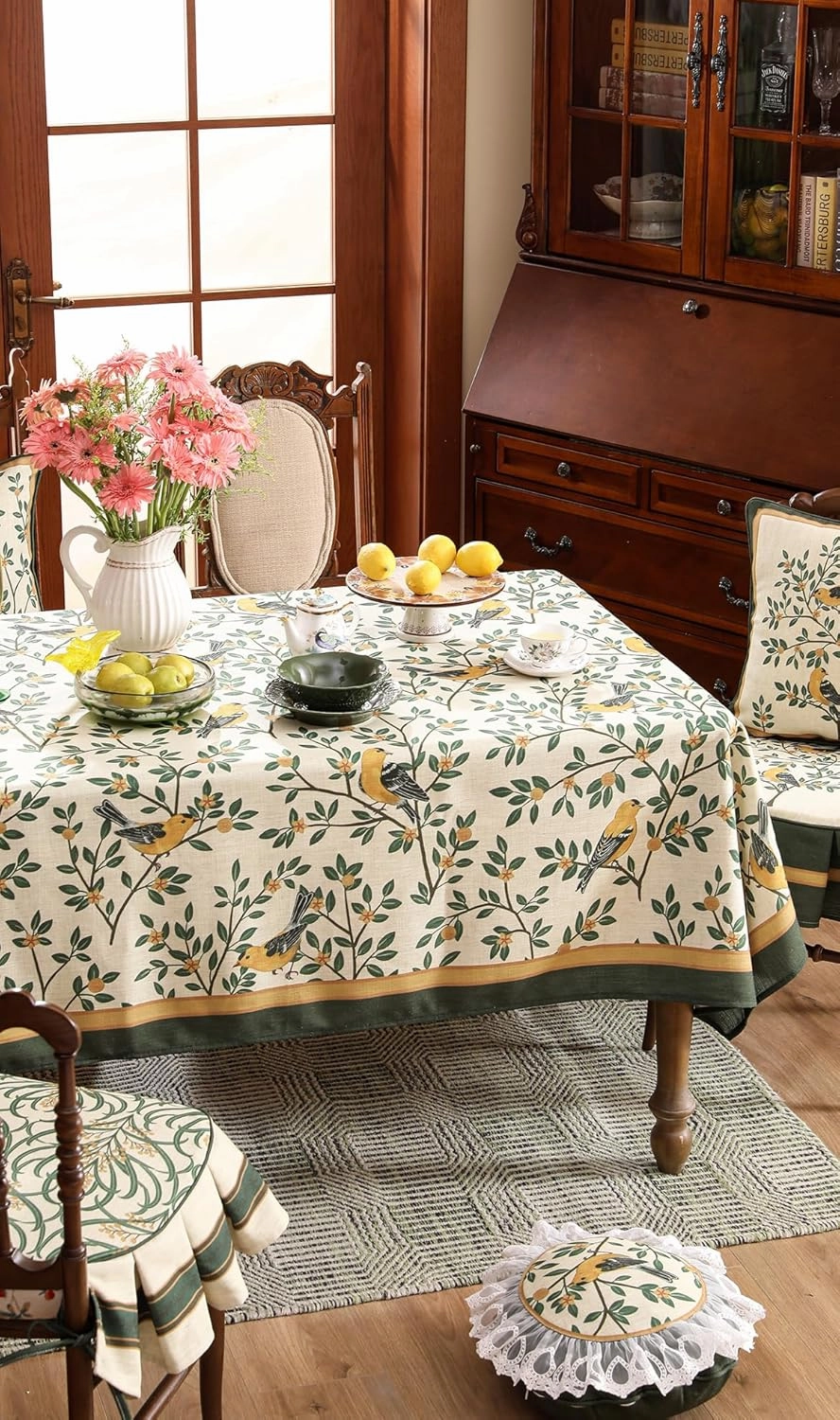 patdrea Designer French Table Cloth Rectangle Table,Green Spring Summer Linen Tablecloth,Yellow Birds and Green Leaves Pattern Tablecloths,Decor Kitchen Dining Christmas Banquet 55"x 71"