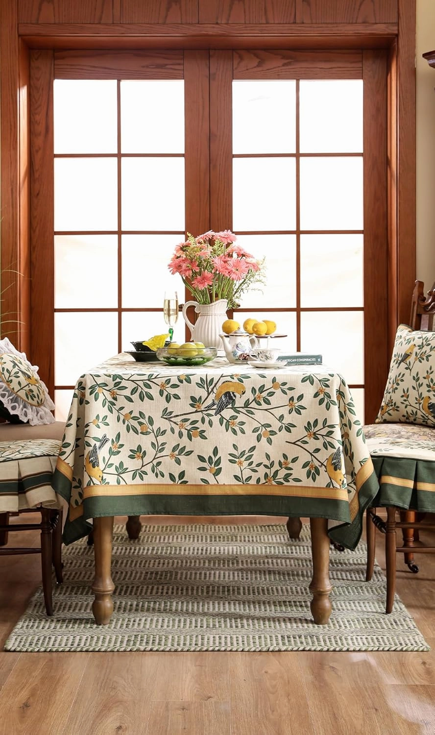 patdrea Designer French Table Cloth Rectangle Table,Green Spring Summer Linen Tablecloth,Yellow Birds and Green Leaves Pattern Tablecloths,Decor Kitchen Dining Christmas Banquet 55"x 71"