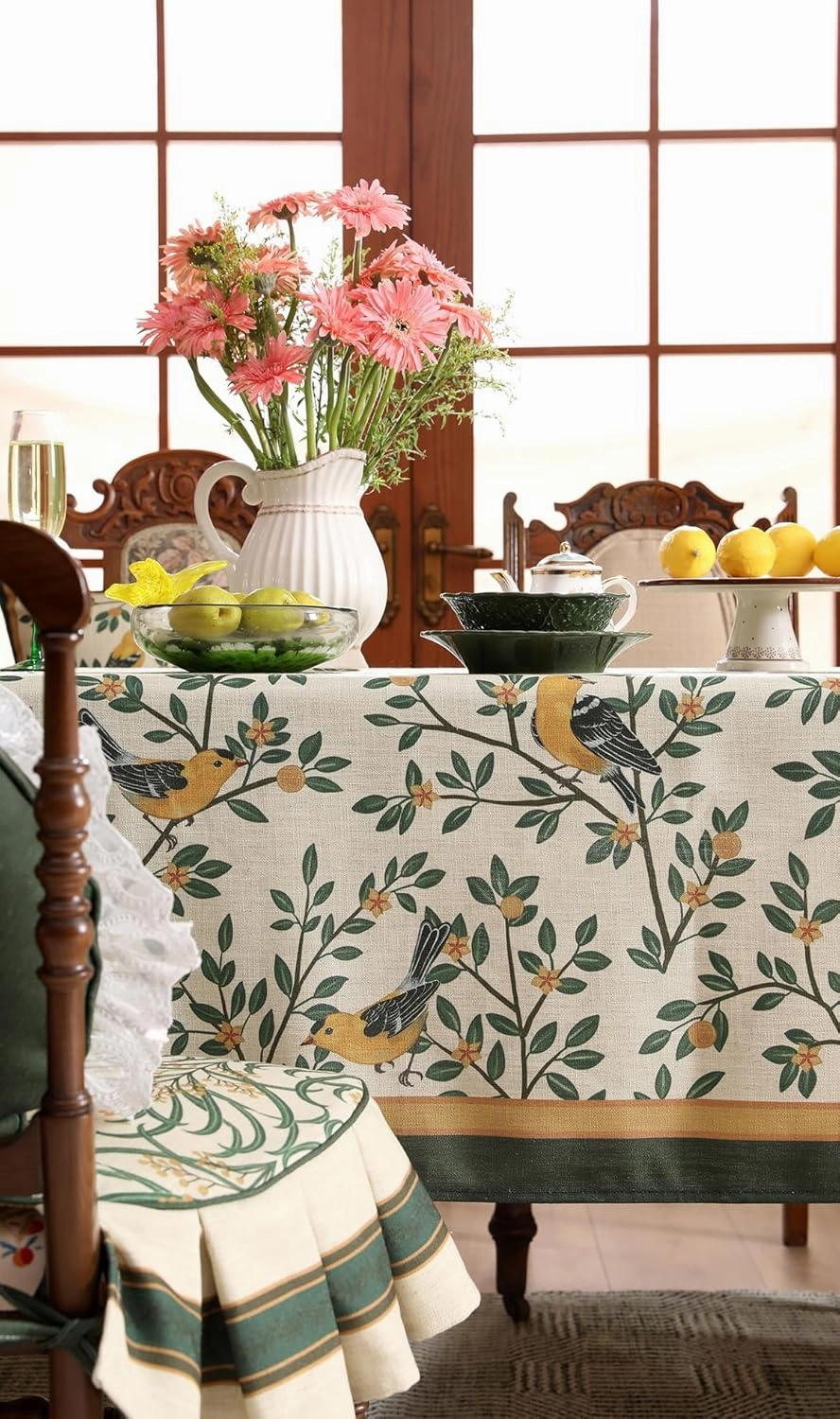 patdrea Designer French Table Cloth Rectangle Table,Green Spring Summer Linen Tablecloth,Yellow Birds and Green Leaves Pattern Tablecloths,Decor Kitchen Dining Christmas Banquet 55"x 71"