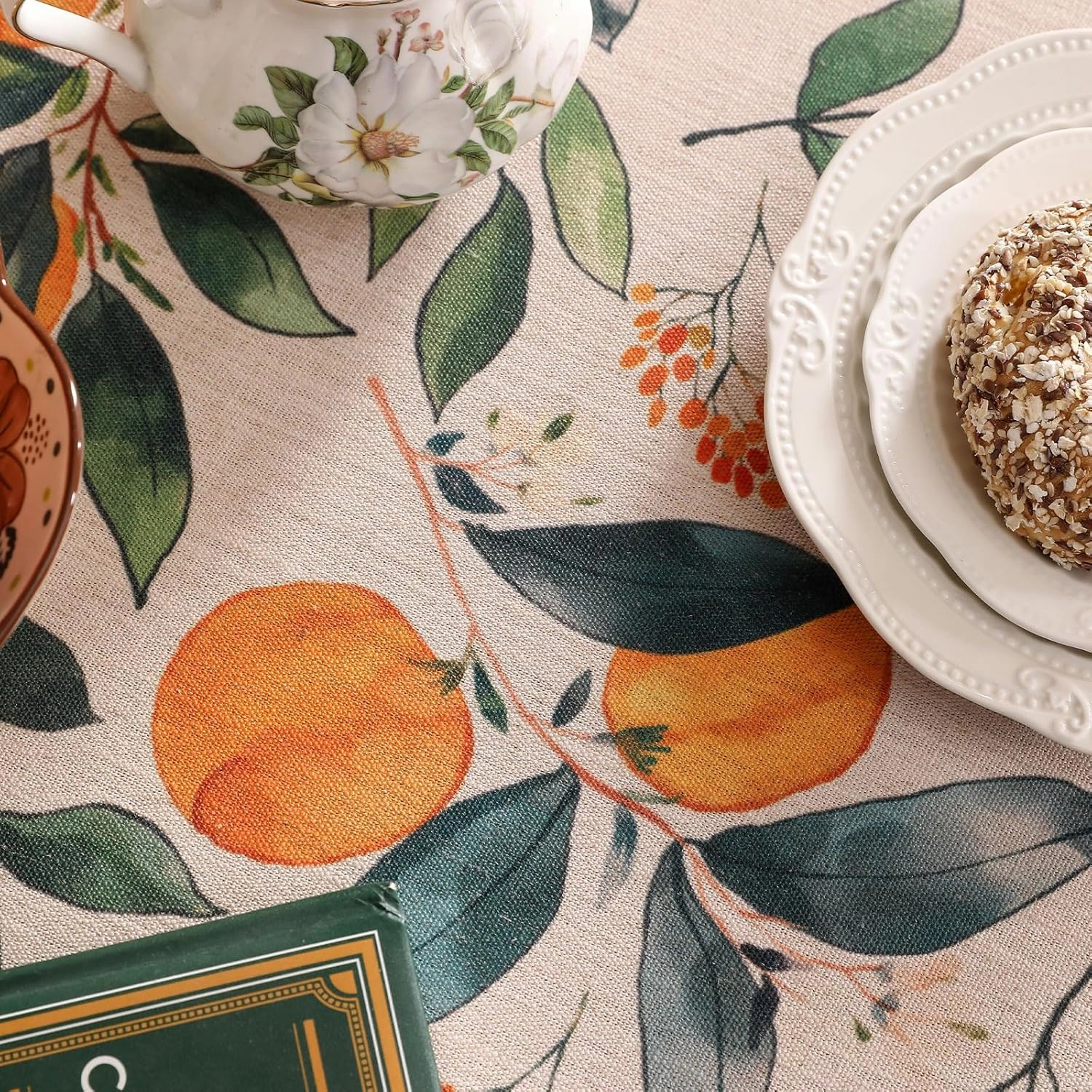 patdrea Designer Orange Tablecloth for Rectangle Tables,Framhouse Linen Oranges and Leaves Tree Pattern Linen Tablecloth,Fall Fruits Table Cover Cloth Decor for Kitchen Dining Christmas,63"*102"