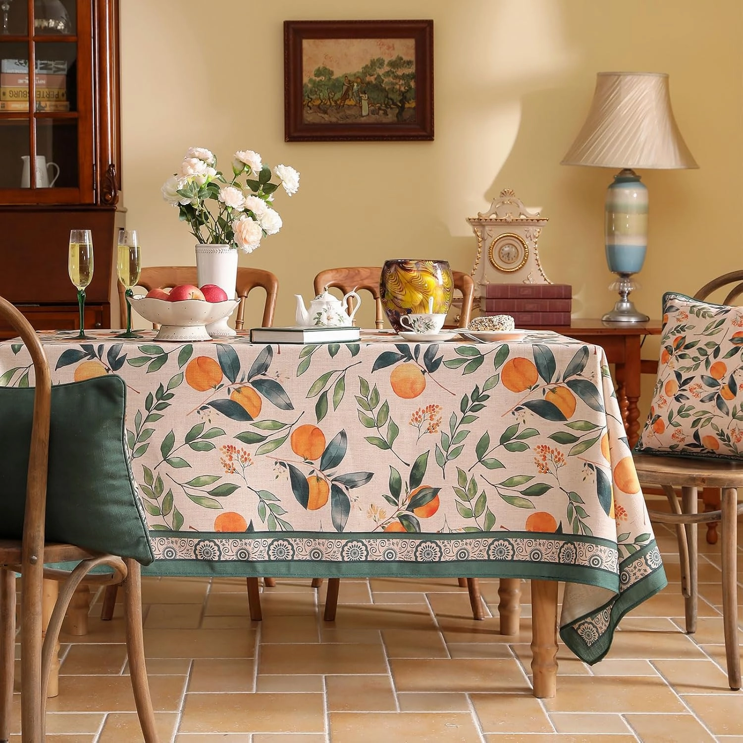 patdrea Designer Orange Tablecloth for Rectangle Tables,Framhouse Linen Oranges and Leaves Tree Pattern Linen Tablecloth,Fall Fruits Table Cover Cloth Decor for Kitchen Dining Christmas,63"*102"