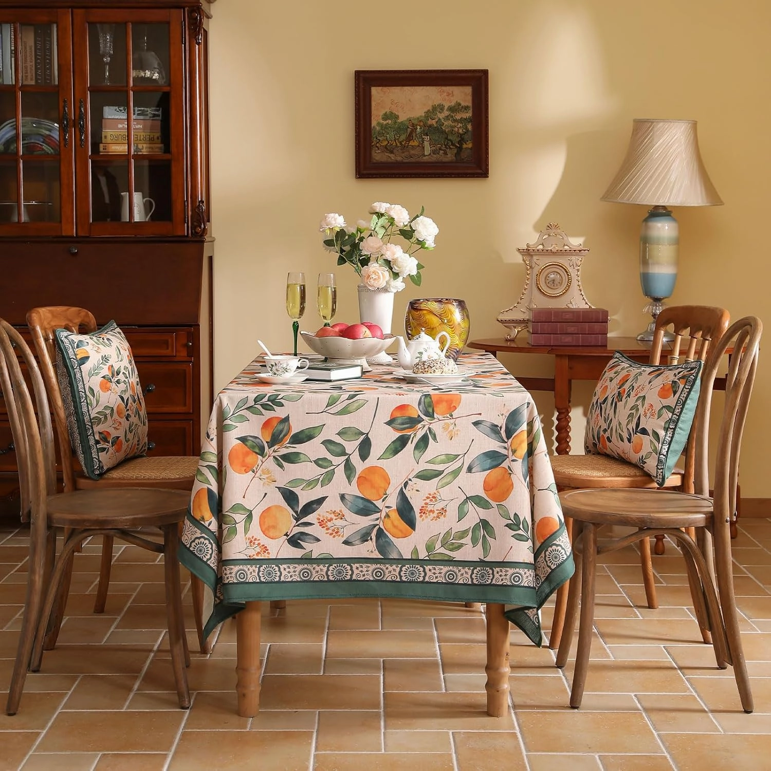 patdrea Designer Orange Tablecloth for Rectangle Tables,Framhouse Linen Oranges and Leaves Tree Pattern Linen Tablecloth,Fall Fruits Table Cover Cloth Decor for Kitchen Dining Christmas,63"*102"