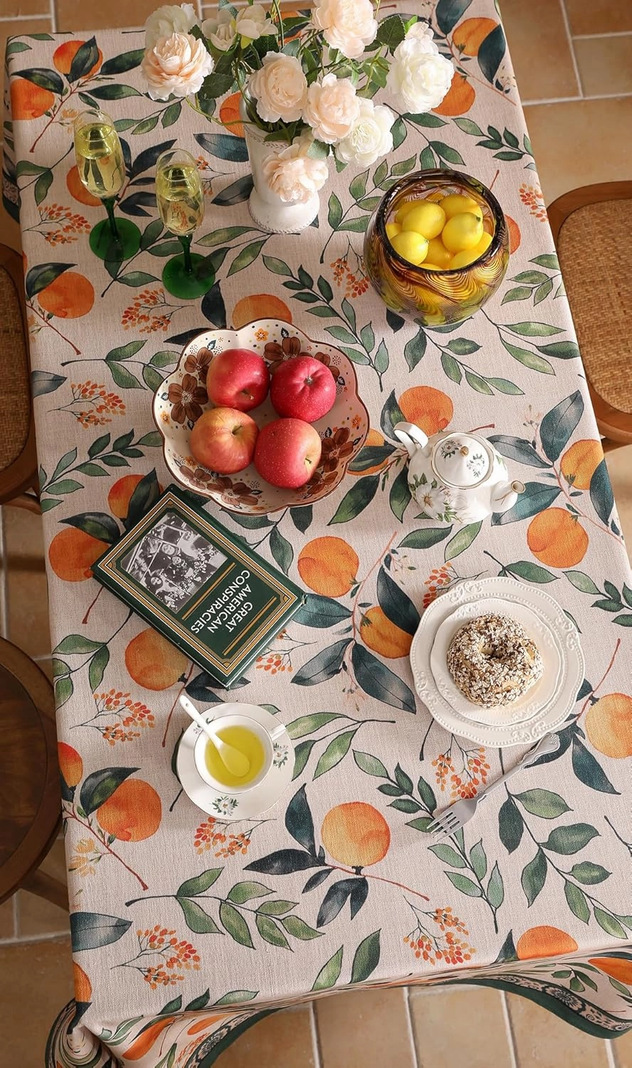 patdrea Designer Orange Tablecloth for Rectangle Tables,Framhouse Linen Oranges and Leaves Tree Pattern Linen Tablecloth,Fall Fruits Table Cover Cloth Decor for Kitchen Dining Christmas,63"*102"