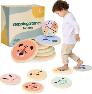 PEBUMI Wooden Stepping Stones for Kids - 6 Non-Slip Stepping Stone Toy with Spinner Game & Storage Bag, Indoor & Outdoor Sensory Toy to Promotes Balance Coordination & Strength for 1-4 Years Kids