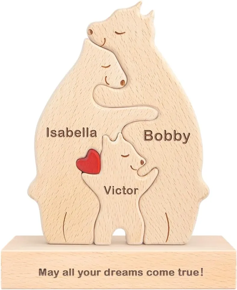 Personalized Wooden Bears Family Puzzle Gifts with 1-8 Name We are One,Jigsaw Oak Wooden Animal Sculpture Decorative for Home Decor Ideas for Birthday Christmas Anniversary Mother's Day Father's Day