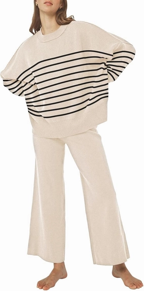 Pink Queen Women's 2 Piece Outfits Sweater Sets Knit Pullover Tops And Wide Leg Pants Loose Tracksuit Lounge Set