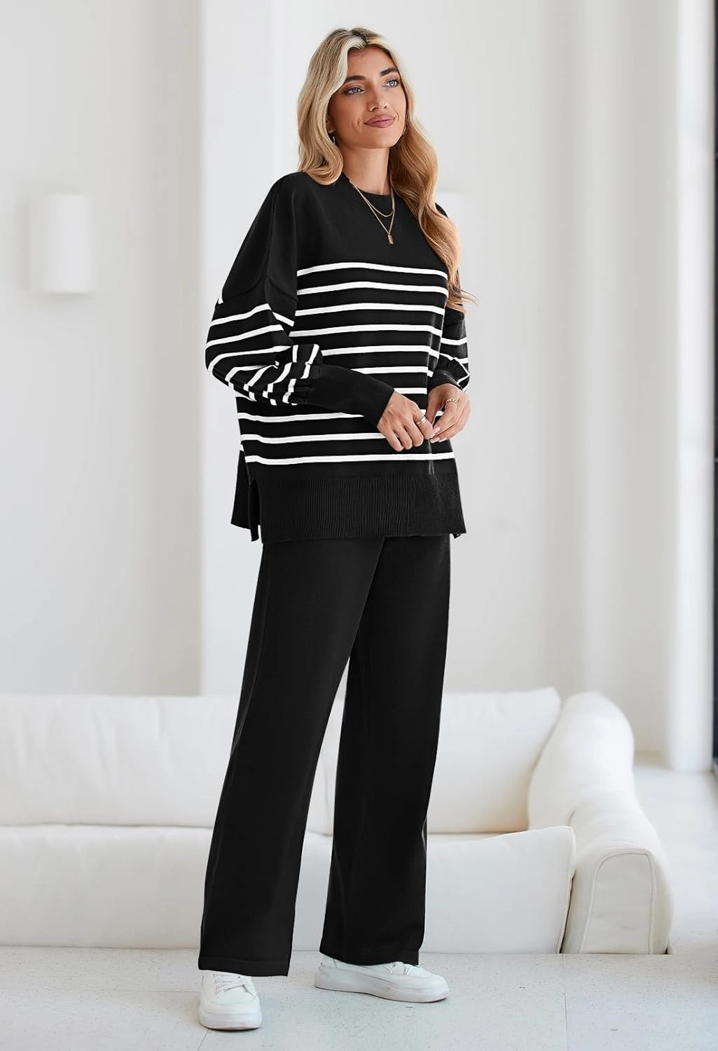 Pink Queen Women's 2 Piece Outfits Sweater Sets Knit Pullover Tops And Wide Leg Pants Loose Tracksuit Lounge Set