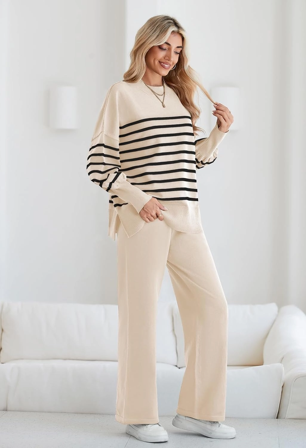 Pink Queen Women's 2 Piece Outfits Sweater Sets Knit Pullover Tops And Wide Leg Pants Loose Tracksuit Lounge Set