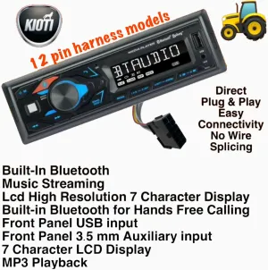 Plug & Play Kioti Tractor Radio, 12 Pin Harness, AM FM Bluetooth Streaming Colors Changing Display, USB, AUX, 3.5MM Front Input, Direct Connect, Single Din, NX RX DK CK Series Cab