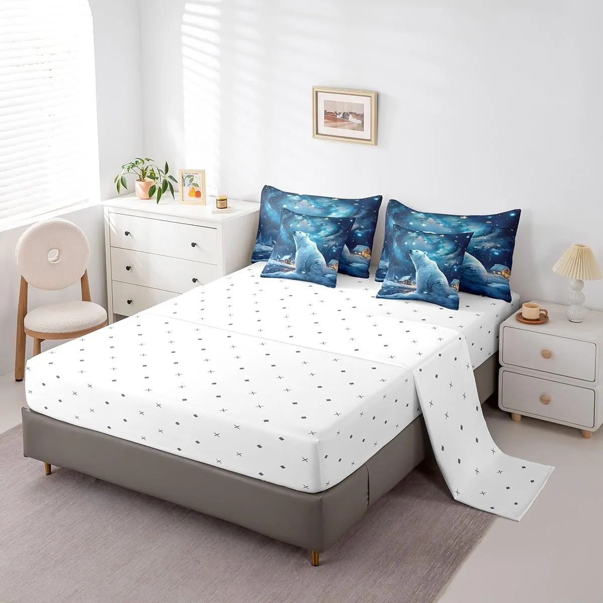 Polar Bear 7Pcs Comforter Set Full Size,Winter Snow Scenery Bedding Set,Dreamy Starry Sky Night Fitted Flat Sheet for Kids Boys Girls Teens Room Decor,Rustic Cabin House 2 Pillow Cover,2 Pillowcase