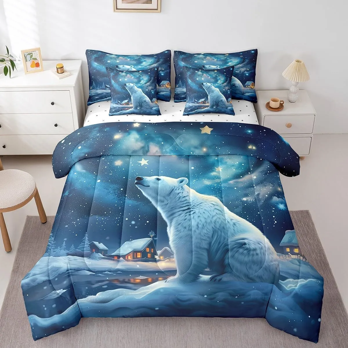 Polar Bear 7Pcs Comforter Set Full Size,Winter Snow Scenery Bedding Set,Dreamy Starry Sky Night Fitted Flat Sheet for Kids Boys Girls Teens Room Decor,Rustic Cabin House 2 Pillow Cover,2 Pillowcase