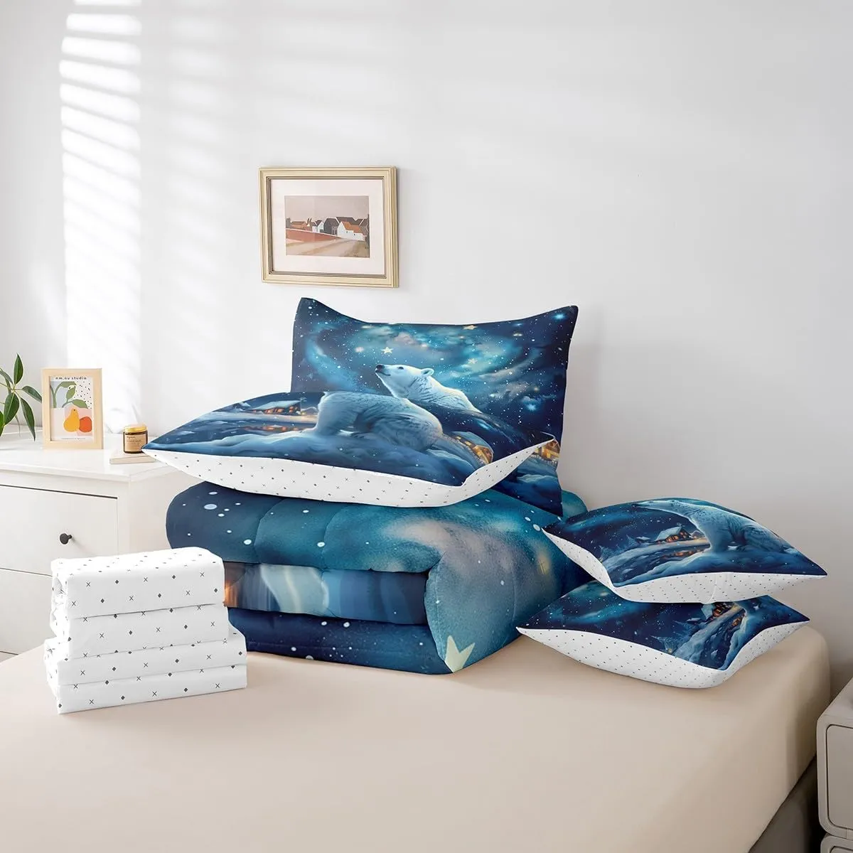 Polar Bear 7Pcs Comforter Set Full Size,Winter Snow Scenery Bedding Set,Dreamy Starry Sky Night Fitted Flat Sheet for Kids Boys Girls Teens Room Decor,Rustic Cabin House 2 Pillow Cover,2 Pillowcase
