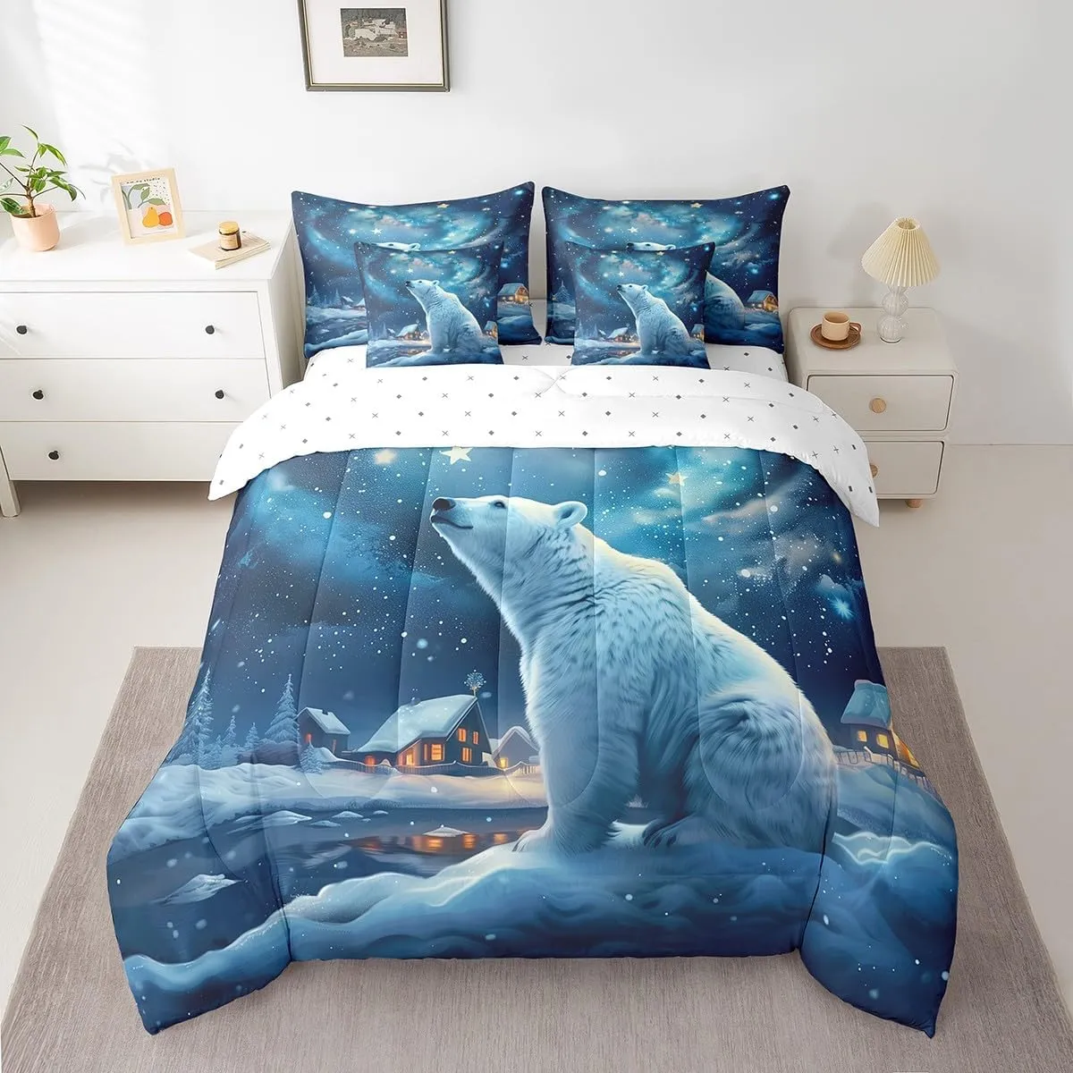 Polar Bear 7Pcs Comforter Set Full Size,Winter Snow Scenery Bedding Set,Dreamy Starry Sky Night Fitted Flat Sheet for Kids Boys Girls Teens Room Decor,Rustic Cabin House 2 Pillow Cover,2 Pillowcase