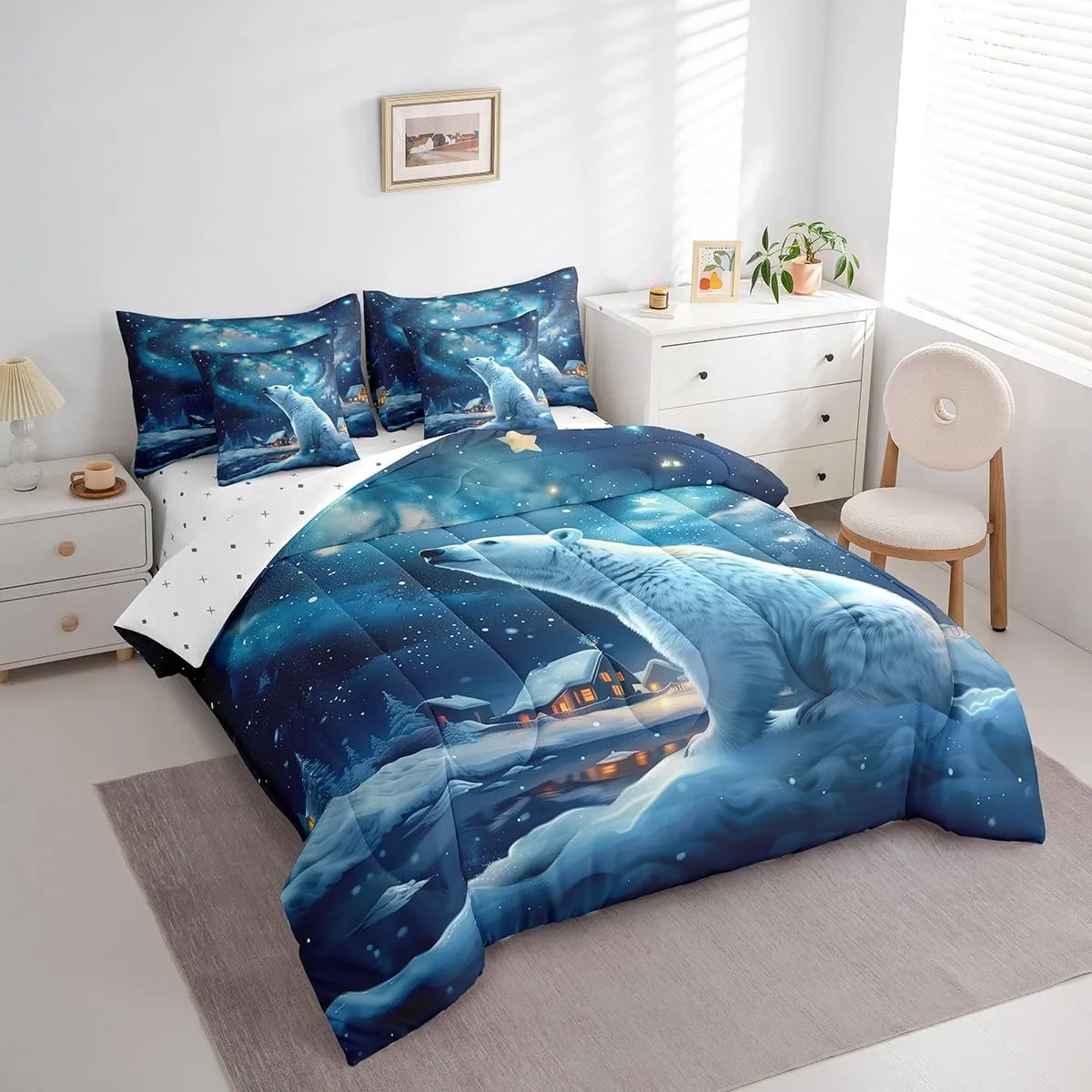 Polar Bear 7Pcs Comforter Set Full Size,Winter Snow Scenery Bedding Set,Dreamy Starry Sky Night Fitted Flat Sheet for Kids Boys Girls Teens Room Decor,Rustic Cabin House 2 Pillow Cover,2 Pillowcase