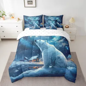 Polar Bear 7Pcs Comforter Set Full Size,Winter Snow Scenery Bedding Set,Dreamy Starry Sky Night Fitted Flat Sheet for Kids Boys Girls Teens Room Decor,Rustic Cabin House 2 Pillow Cover,2 Pillowcase