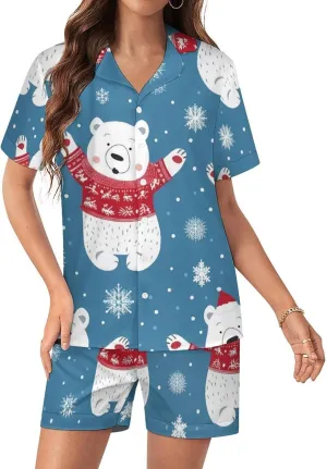Polar Bear Women's Satin Pajama Set Short Sleeve Button Down Sleepwear Loungewear Pj Set