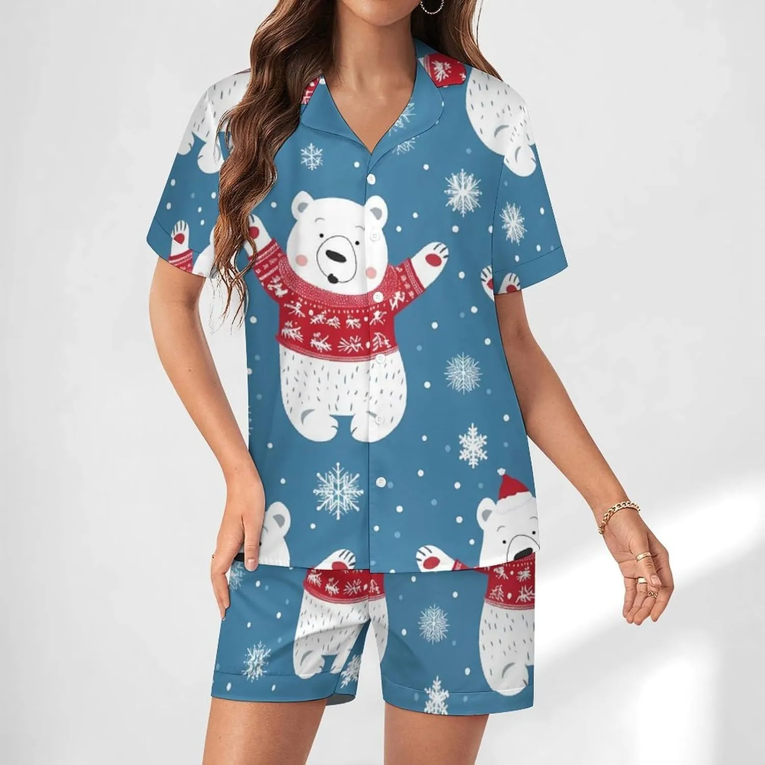 Polar Bear Women's Satin Pajama Set Short Sleeve Button Down Sleepwear Loungewear Pj Set