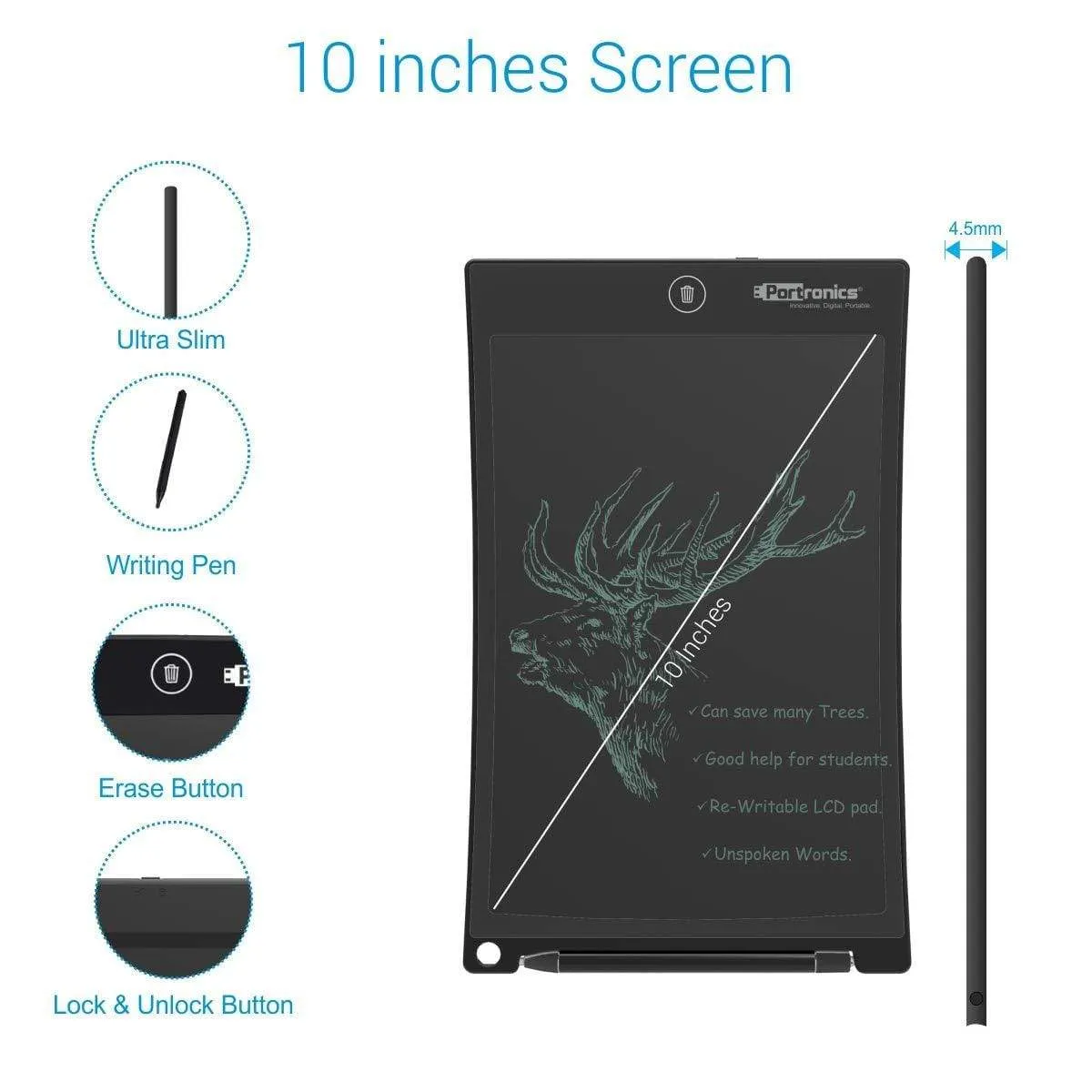 Portronics Ruffpad 10 Plus POR-233 Re-Writeable LCD Writing Pad with Content Safety Button, Black