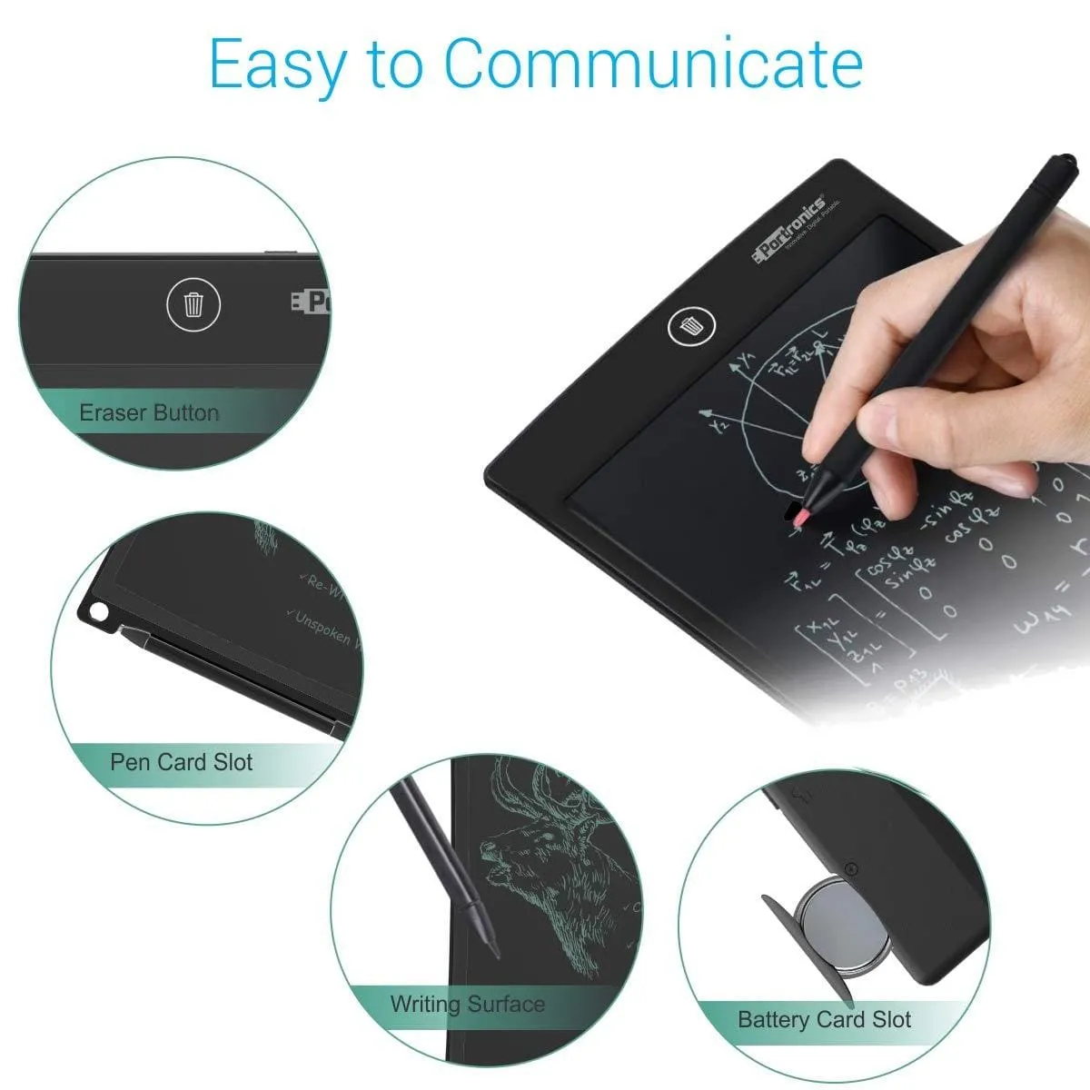 Portronics Ruffpad 10 Plus POR-233 Re-Writeable LCD Writing Pad with Content Safety Button, Black
