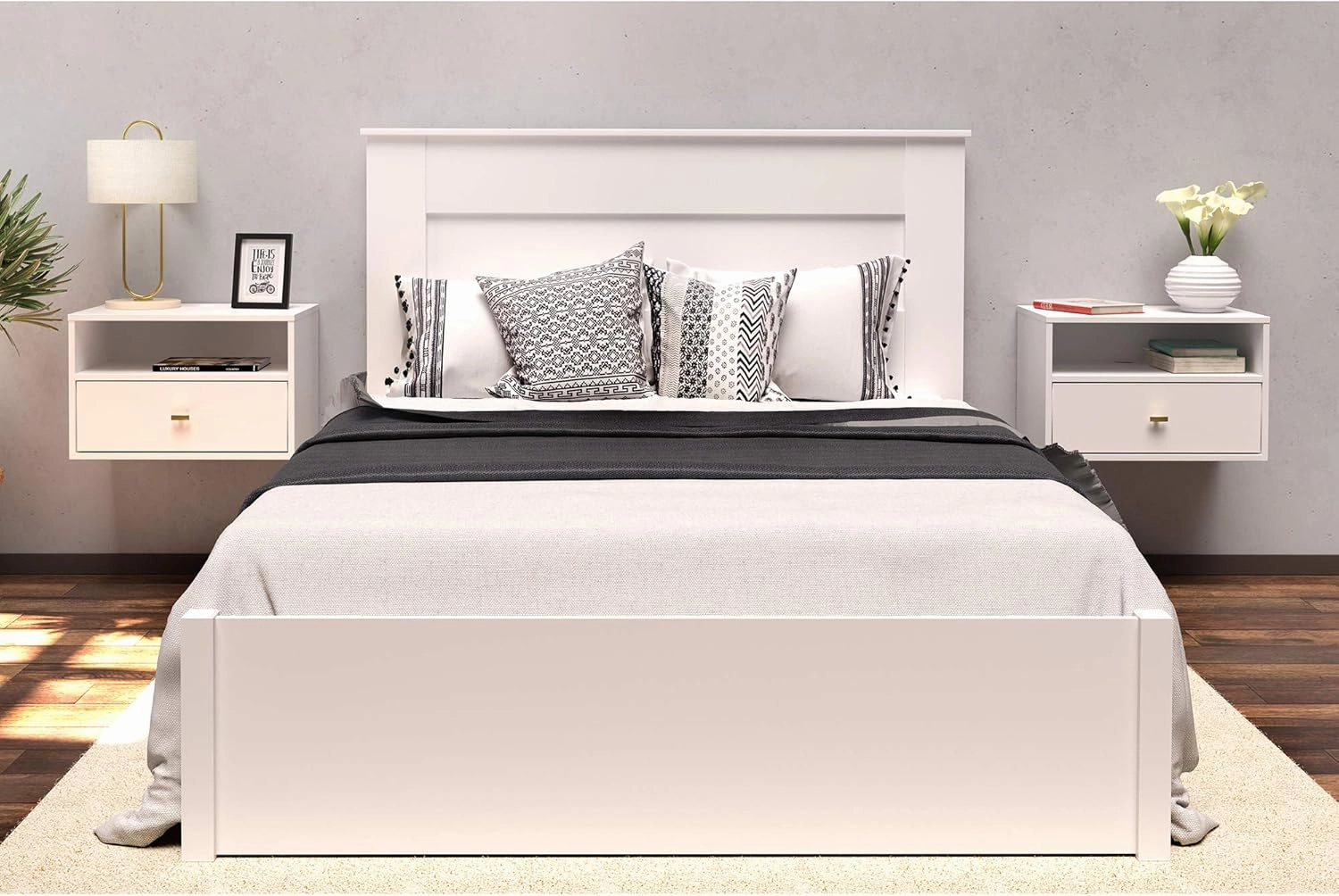 Prepac Set of 2 Floating Shelf Side Tables with Drawers and Brushed Brass Knobs, Modern Hanging Nightstands 15" D x 22.5" W x 14.5" H, White, WRBW-1402-2M