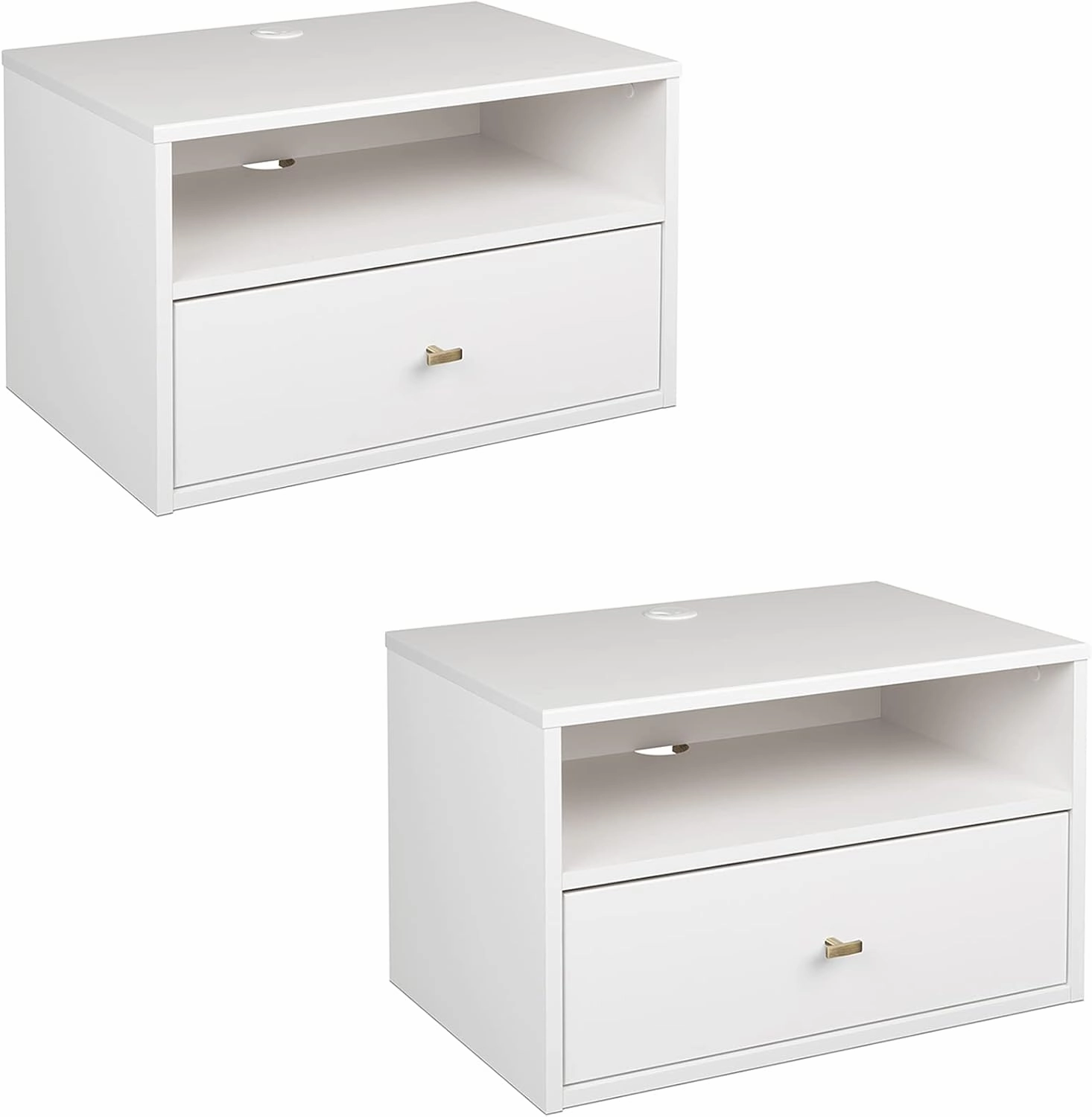Prepac Set of 2 Floating Shelf Side Tables with Drawers and Brushed Brass Knobs, Modern Hanging Nightstands 15" D x 22.5" W x 14.5" H, White, WRBW-1402-2M