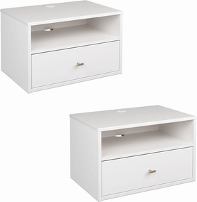 Prepac Set of 2 Floating Shelf Side Tables with Drawers and Brushed Brass Knobs, Modern Hanging Nightstands 15" D x 22.5" W x 14.5" H, White, WRBW-1402-2M