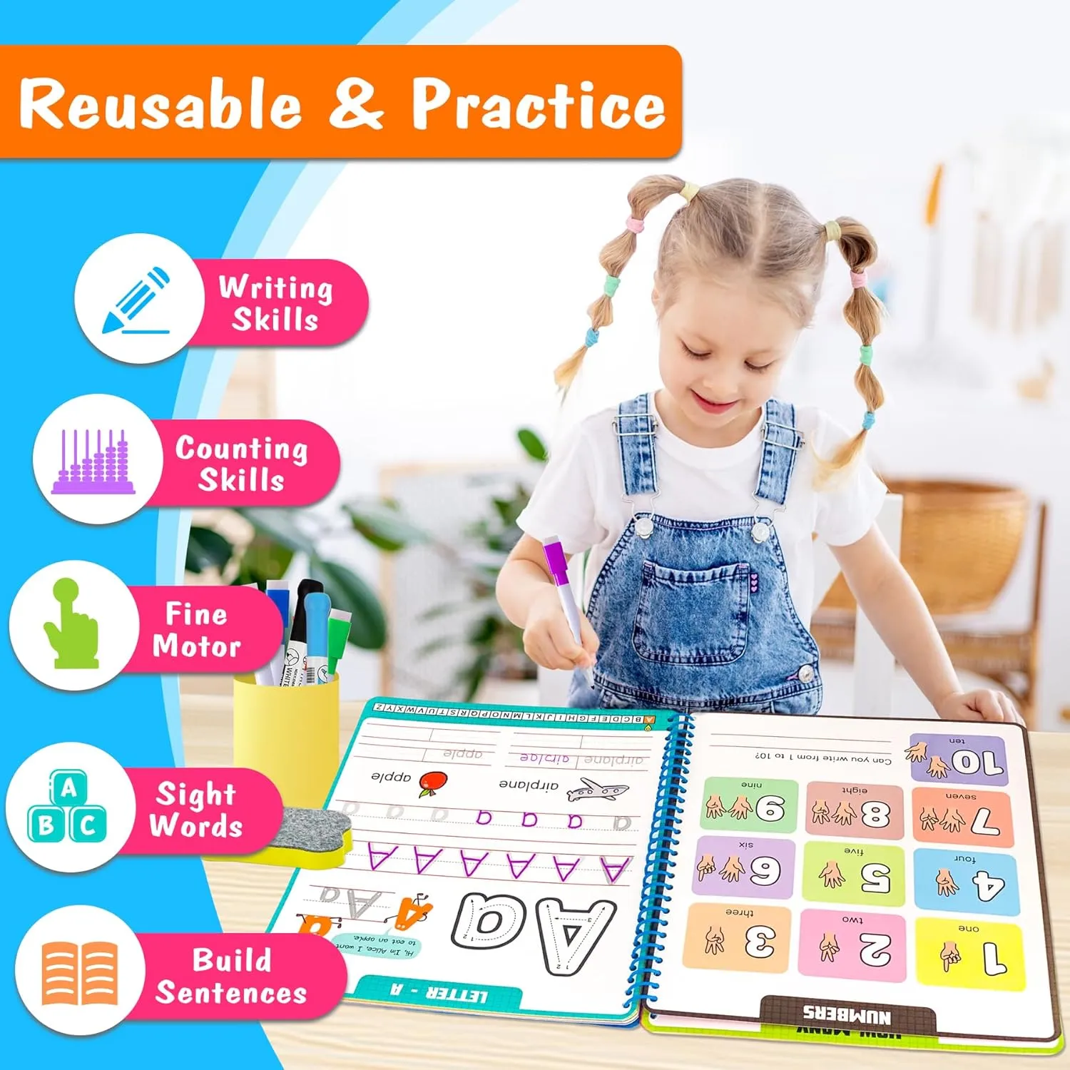 Preschool Learning Activities - Reusable Letter & Number Tracing Book for Kids 3,4,5,6 Years Old -Builds Handwriting & Sight Words, PreK Kindergarten Workbook, Learning Toy Gift for Toddlers