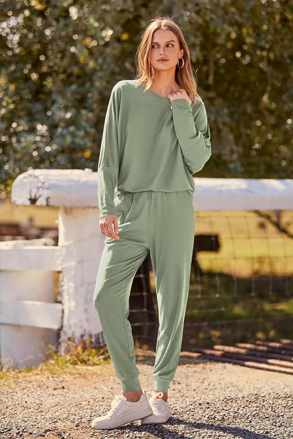 PRETTYGARDEN Women's Spring Fall Fashion Outfits 2 Piece Sweatsuit Long Sleeve Pullover Long Pants Ribbed Matching Lounge Set